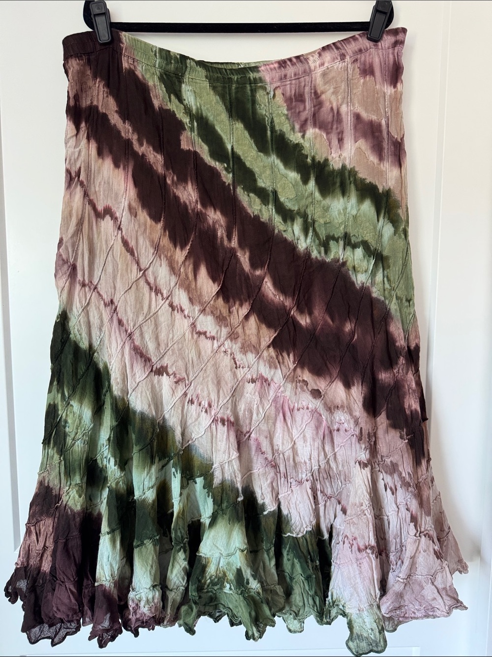 Tie-Dye Crinkle Skirt - Green, Brown & Pink